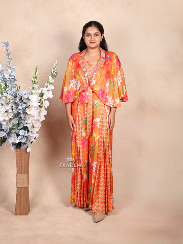 Orange Palazzo Suit with Floral Prints and Embroidery