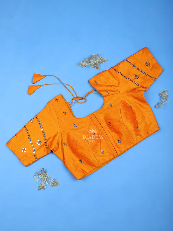 Orange Silk Readymade Blouse Adorned with Mirror Embroidery Design - Diadem