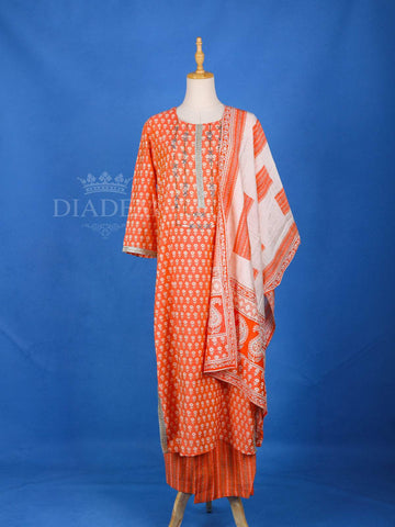 Orange Straight Cut Salwar Suit for Women Adorned with Floral Prints, With Dupatta and U-Neck - Diadem