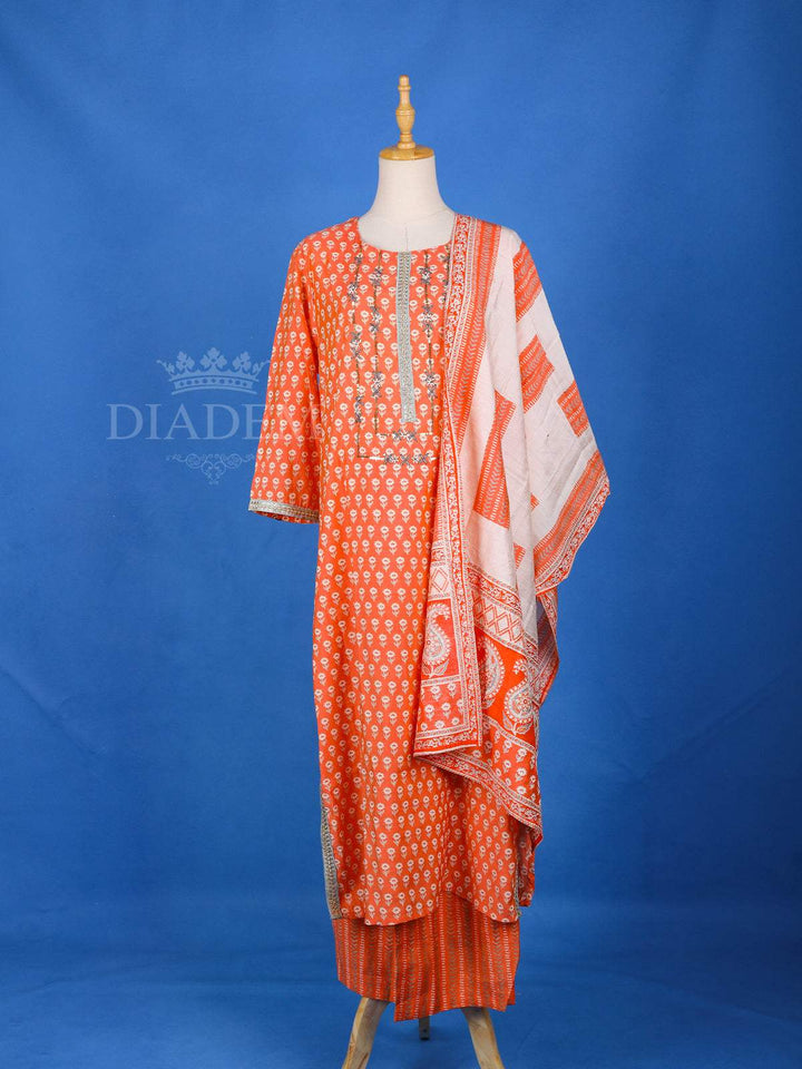 Orange Straight Cut Salwar Suit for Women Adorned with Floral Prints, With Dupatta and U-Neck - Diadem