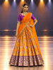 Vibrant Orange Floral Vine Zari Woven Design Pure Kanchipuram Silk Traditional Wear Dhavani Set with Contrast Hand Work Designer Blouse and Matching Orange  Dupatta