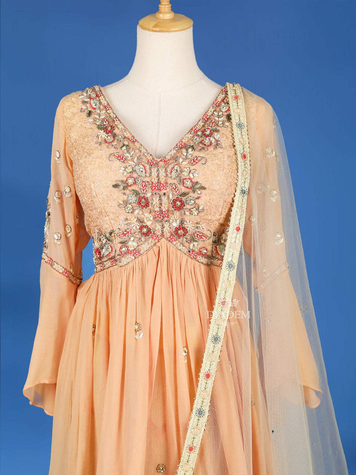 Peach Palazzo Salwar Suit for Girls Adorned with Floral Embroidery, Paired with Dupatta and Bell Sleeve - Diadem