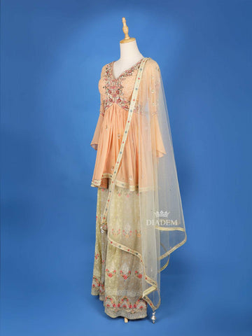 Peach Palazzo Salwar Suit for Girls Adorned with Floral Embroidery, Paired with Dupatta and Bell Sleeve - Diadem