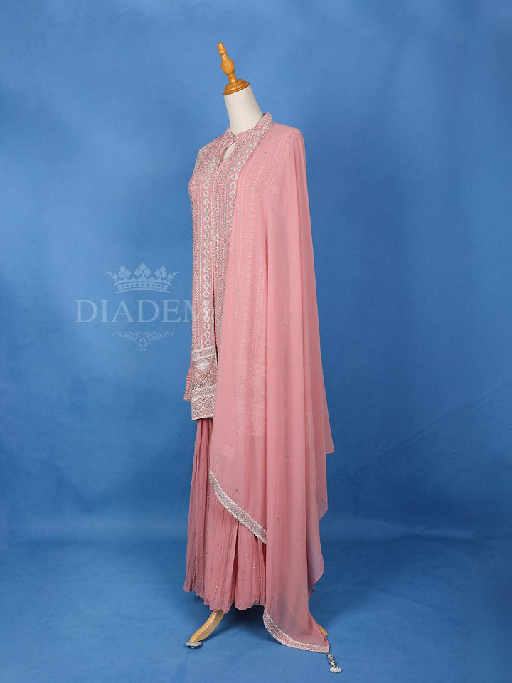 Pink Stone Work Palazzo Salwar Suit, Overcoat - Diadem