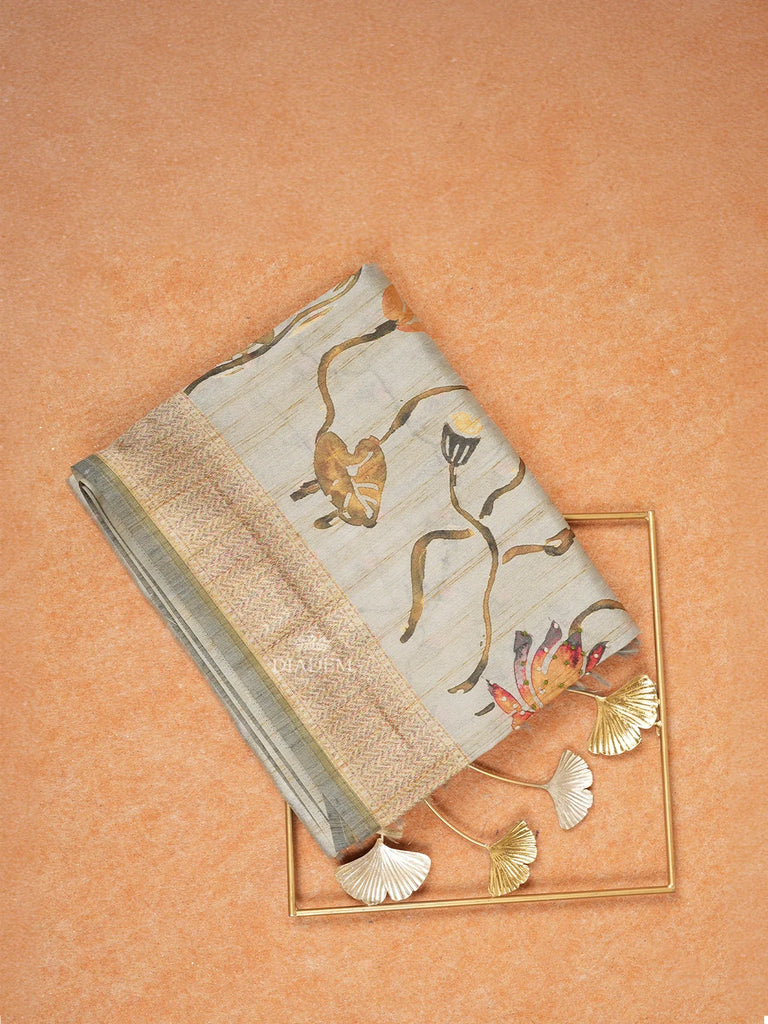 Pale Blue Tussar Silk Saree with Floral