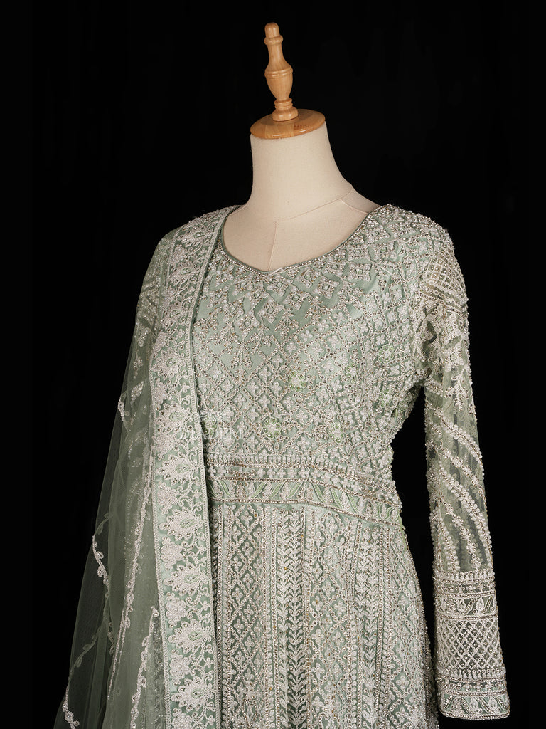 Pale Green Gown with Floral Designs 