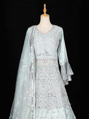 Pale Green Bell Sleeve Bridal Lehenga with Floral Embroidery - Diadem