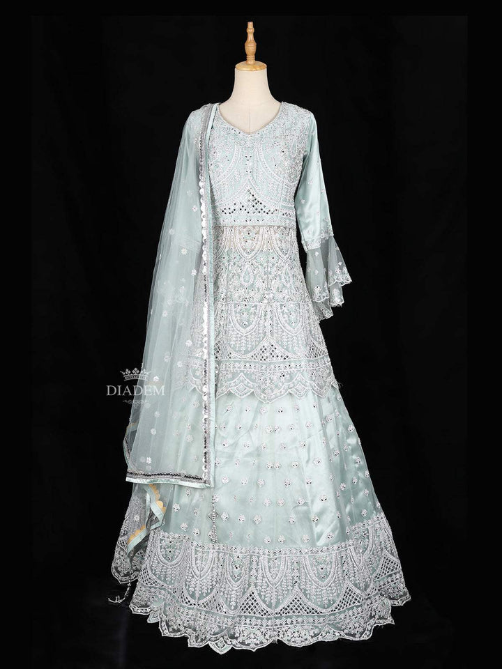 Pale Green Bell Sleeve Bridal Lehenga with Floral Embroidery - Diadem