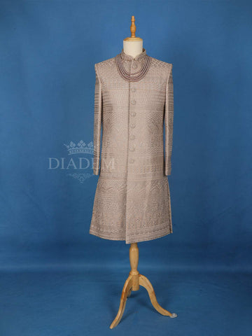 Pale Lilac Semi Silk Floral Designed Sherwani Suit - Diadem