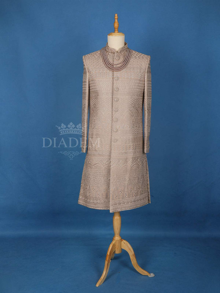 Pale Lilac Semi Silk Floral Designed Sherwani Suit - Diadem