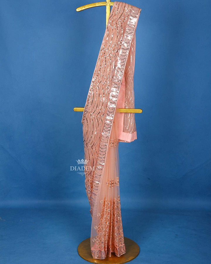 Pale Pink Floral Embroidery Designed Net Saree - Diadem