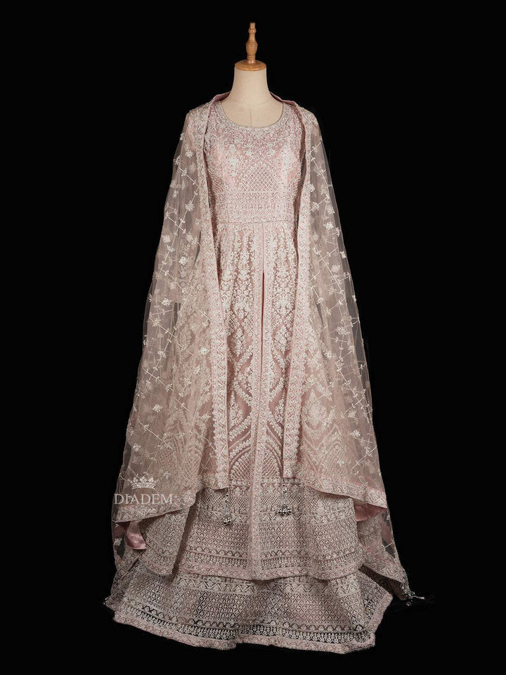 Pale Pink Floral Embroidery Designed Gown and Net Dupatta - Diadem