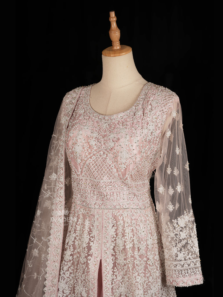 Pale Pink Gown with Net Dupatta and Floral