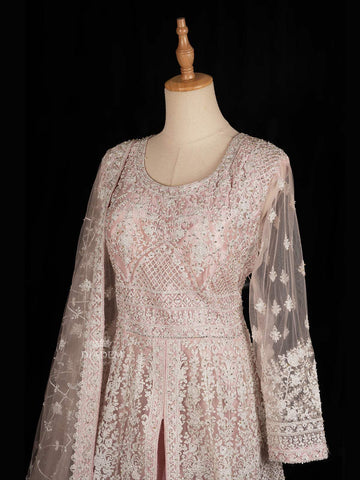 Pale Pink Floral Embroidery Designed Gown and Net Dupatta - Diadem