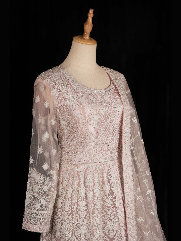 Pale Pink Floral Embroidery Designed Gown and Net Dupatta - Diadem