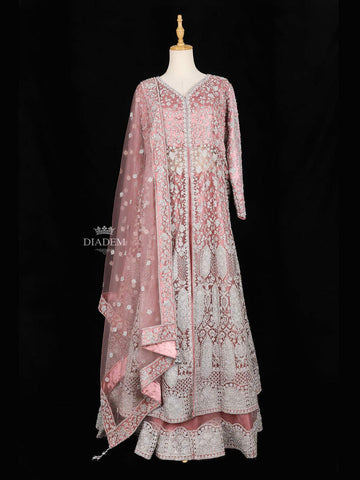 Pale Pink Full Sleeve Bridal Lehenga Adorned With Floral Embroidery - Diadem