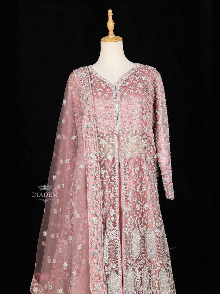 Pale Pink Full Sleeve Bridal Lehenga Adorned With Floral Embroidery - Diadem