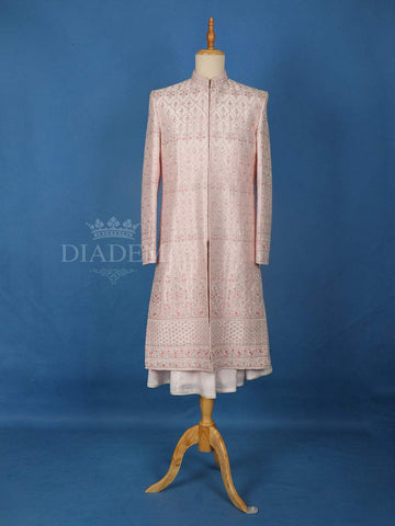 Pale Pink Raw Silk Floral Designed Sherwani Suit - Diadem