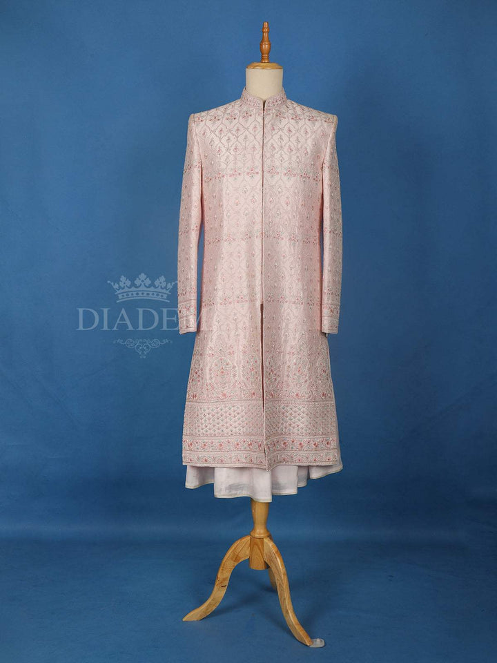 Pale Pink Raw Silk Floral Designed Sherwani Suit - Diadem