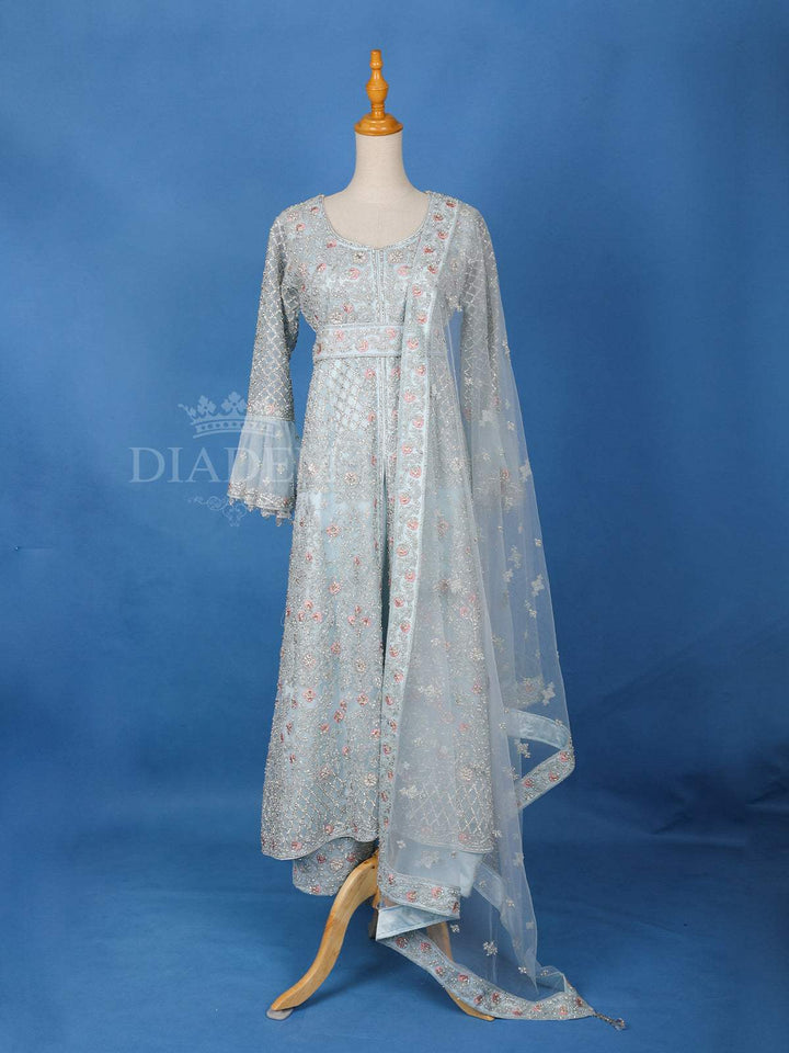 Pale Sky Blue Embroidered Anarkali Salwar Suit for Girls - Diadem