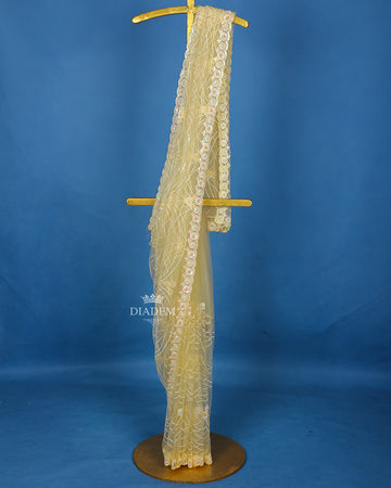 Pale Yellow Floral Embroidery Designed Net Saree - Diadem