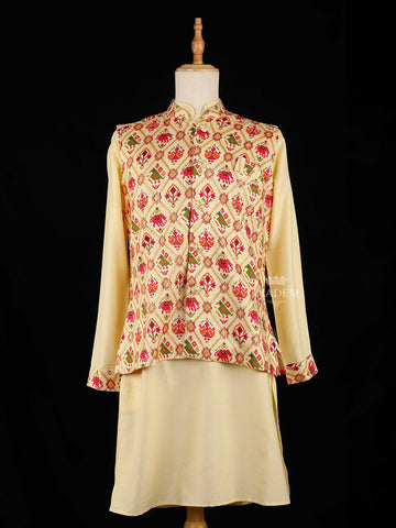 Pale Yellow Indo-Western Sherwani Suit with Birds and Elephant designs, with Pant - Diadem