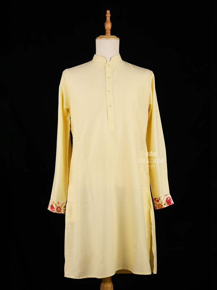 Pale Yellow Indo-Western Sherwani Suit with Birds and Elephant designs, with Pant - Diadem