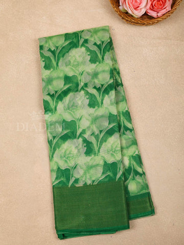 Parrot Green Cotton Saree With Floral Patterns On the Body with Matching Border - Diadem