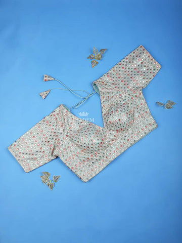 Pastel Blue Readymade Silk Blouse Adorned with Mirror Work Embroidery Design - Diadem