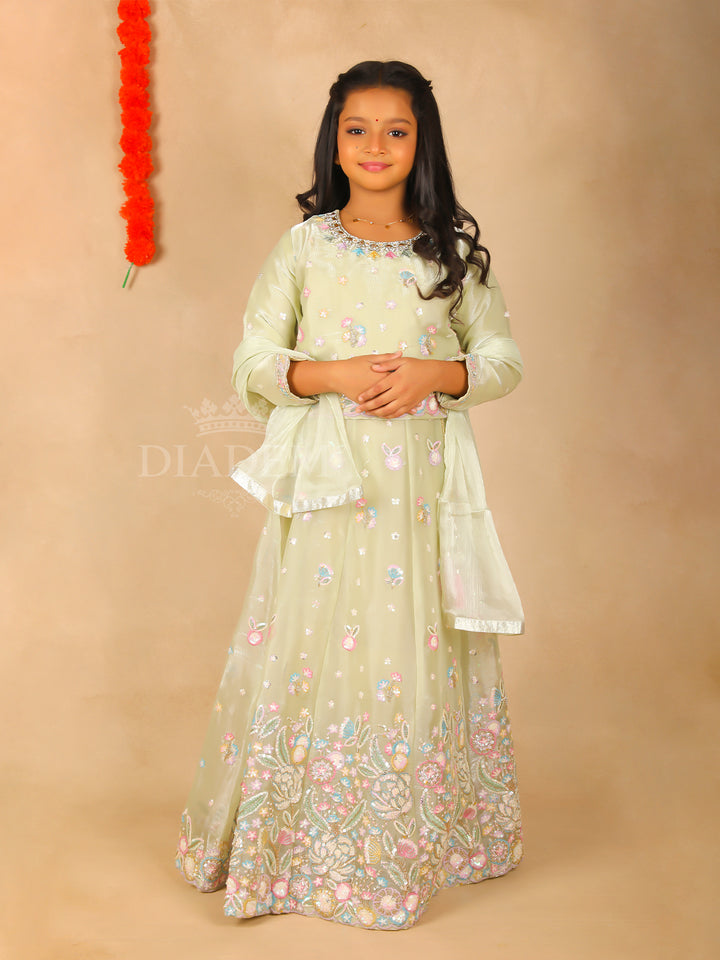 Pastel Green Floral Lehenga with U-Neckline