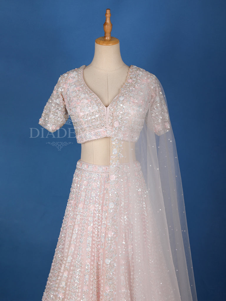 V-Neck Pastel Pink Lehenga with Floral