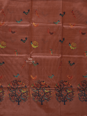 Brown Poly Cotton Saree With Bird and Tree Patterns on the Body with Matching Border - Diadem