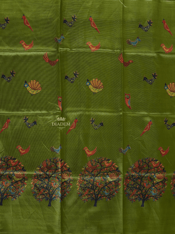 Green Poly Cotton Saree With Bird and Tree Patterns on the Body with Matching Border - Diadem