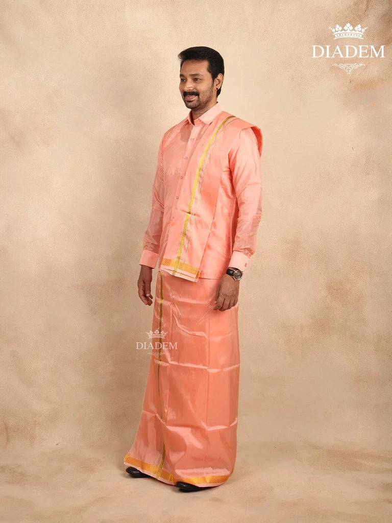 Peach Dhoti and Shirt Silk Set with Towel