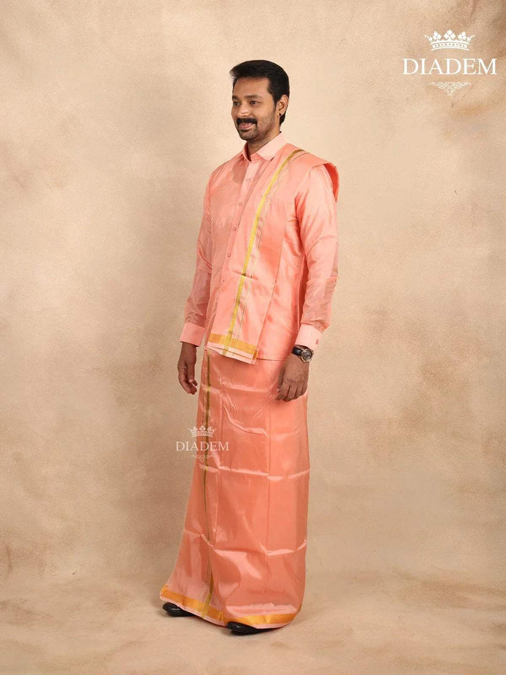 Peach Silk Dhoti with Shirt Paired with Towel - Diadem