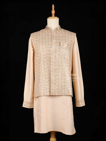 Peach Embroidery Indo-Western Sherwani Suit, with Pant and Pocket Square - Diadem