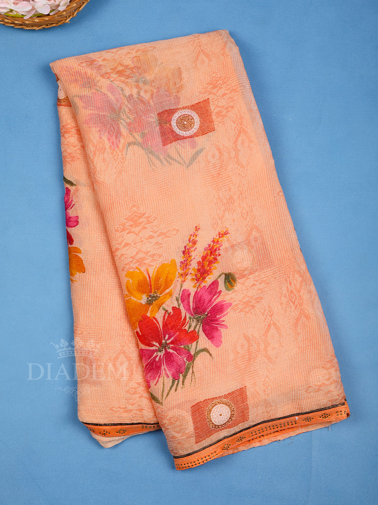 Peach Floral Designed Crepe Saree