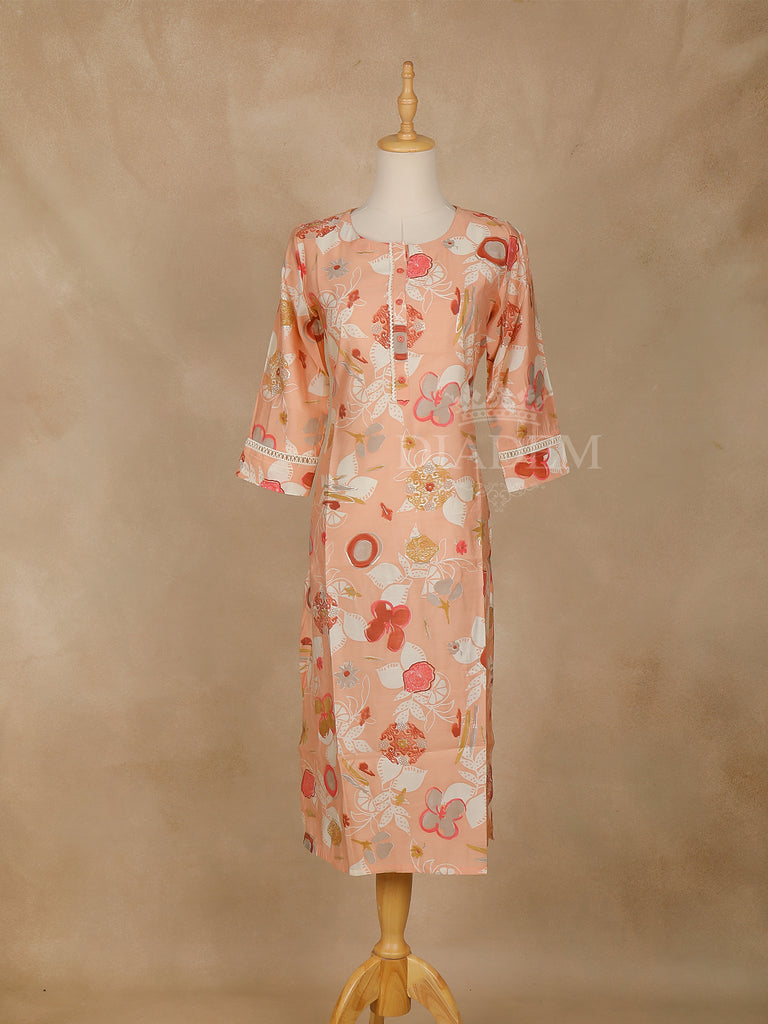 Peach Floral Printed Cotton Kurti Round