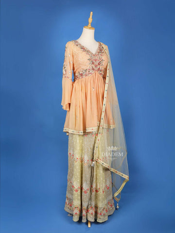 Peach Palazzo Salwar Suit for Girls Adorned with Floral Embroidery, Paired with Dupatta and Bell Sleeve - Diadem