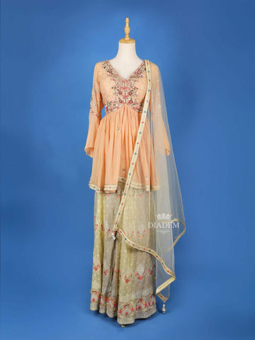 Peach Palazzo Salwar Suit for Girls Adorned with Floral Embroidery, Paired with Dupatta and Bell Sleeve - Diadem