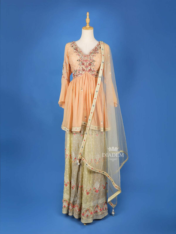 Peach Palazzo Salwar Suit for Girls Adorned with Floral Embroidery, Paired with Dupatta and Bell Sleeve - Diadem