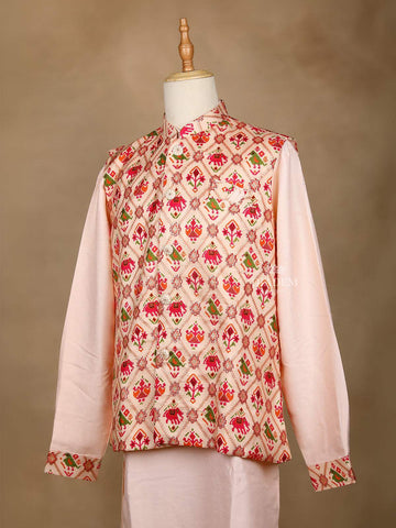 Peach Raw Silk Embroidery Indo-Western Sherwani Suit, with Pant - Diadem