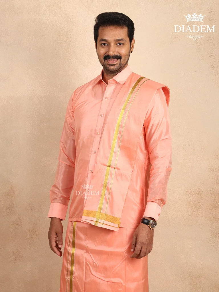 Traditional Peach Silk Dhoti Shirt 