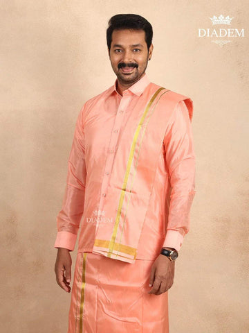 Peach Silk Dhoti with Shirt Paired with Towel - Diadem