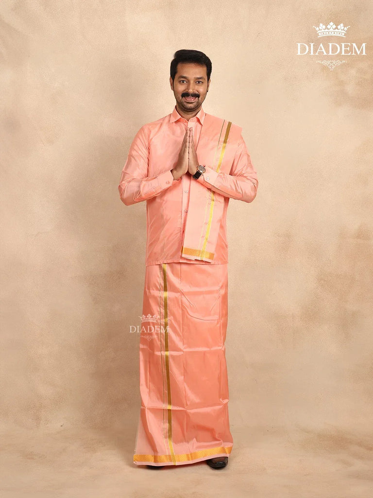 Peach Silk Dhoti with Shirt and Towel