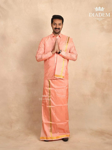 Peach Silk Dhoti with Shirt Paired with Towel - Diadem