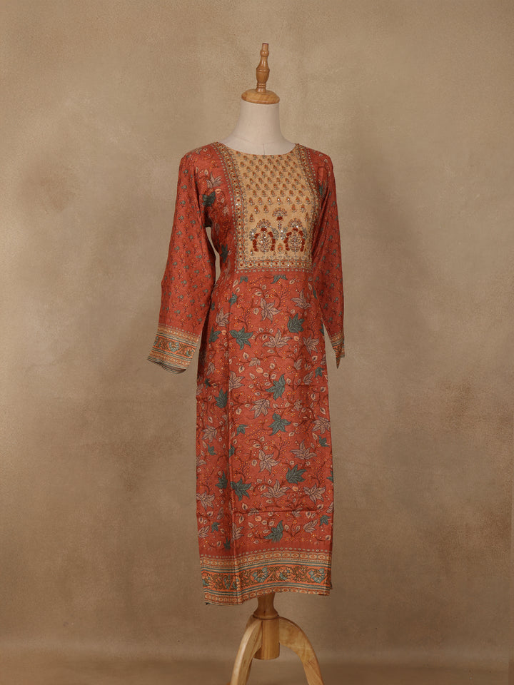 peach Floral Printed Rayon Kurti - Diadem