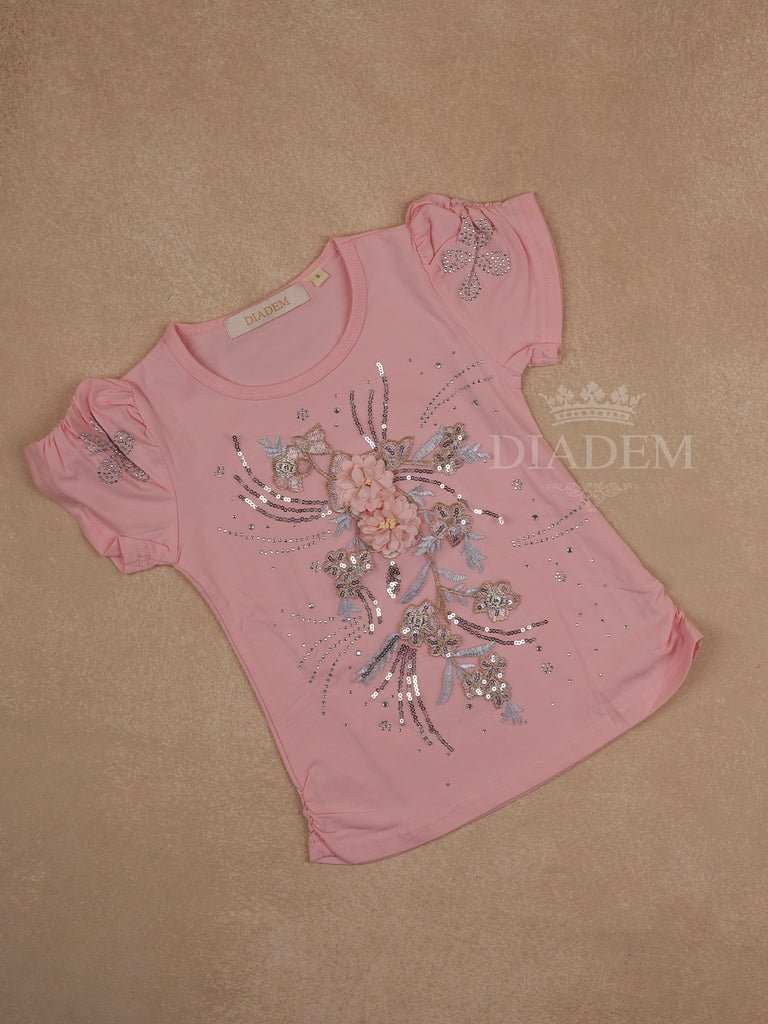 Pink Cotton 3D Floral Sequins Designs