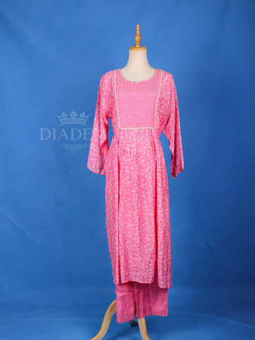 Pink Cotton Anarkali Salwar Suit for Women Embellished with Floral Prints, with 3/4 Sleeve and U-Neck - Diadem