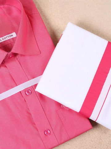 Pink Plain Cotton Full-Sleeve Shirt with Matching Border Dhoti Set - Diadem